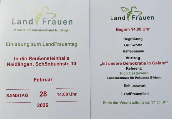 Info zum LandFrauentag in Neidlingen am 28.02.2026