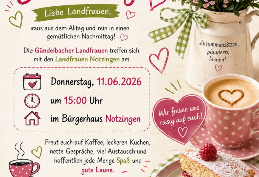 Einladung zum Besuch der Gündelbacher LandFrauen in Notzingen am Donnerstag, 11. Juni 2026 um 15.00 Uhr