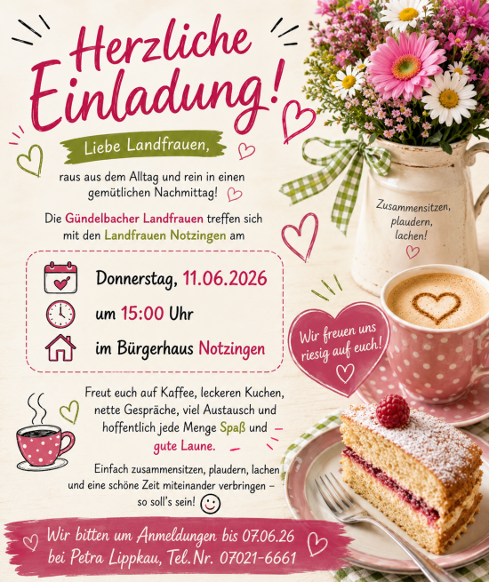 Einladung zum Besuch der Gündelbacher LandFrauen in Notzingen am Donnerstag, 11. Juni 2026 um 15.00 Uhr